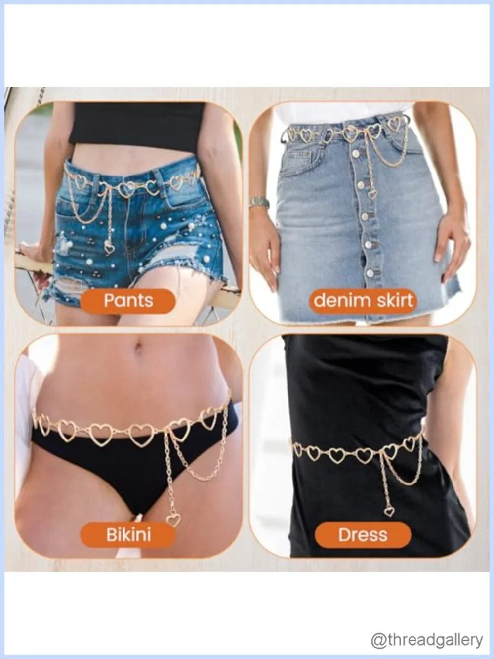 Rhinestone Heart Waist Chain Adjustable Gold Belt for Dress Jeans Bikini